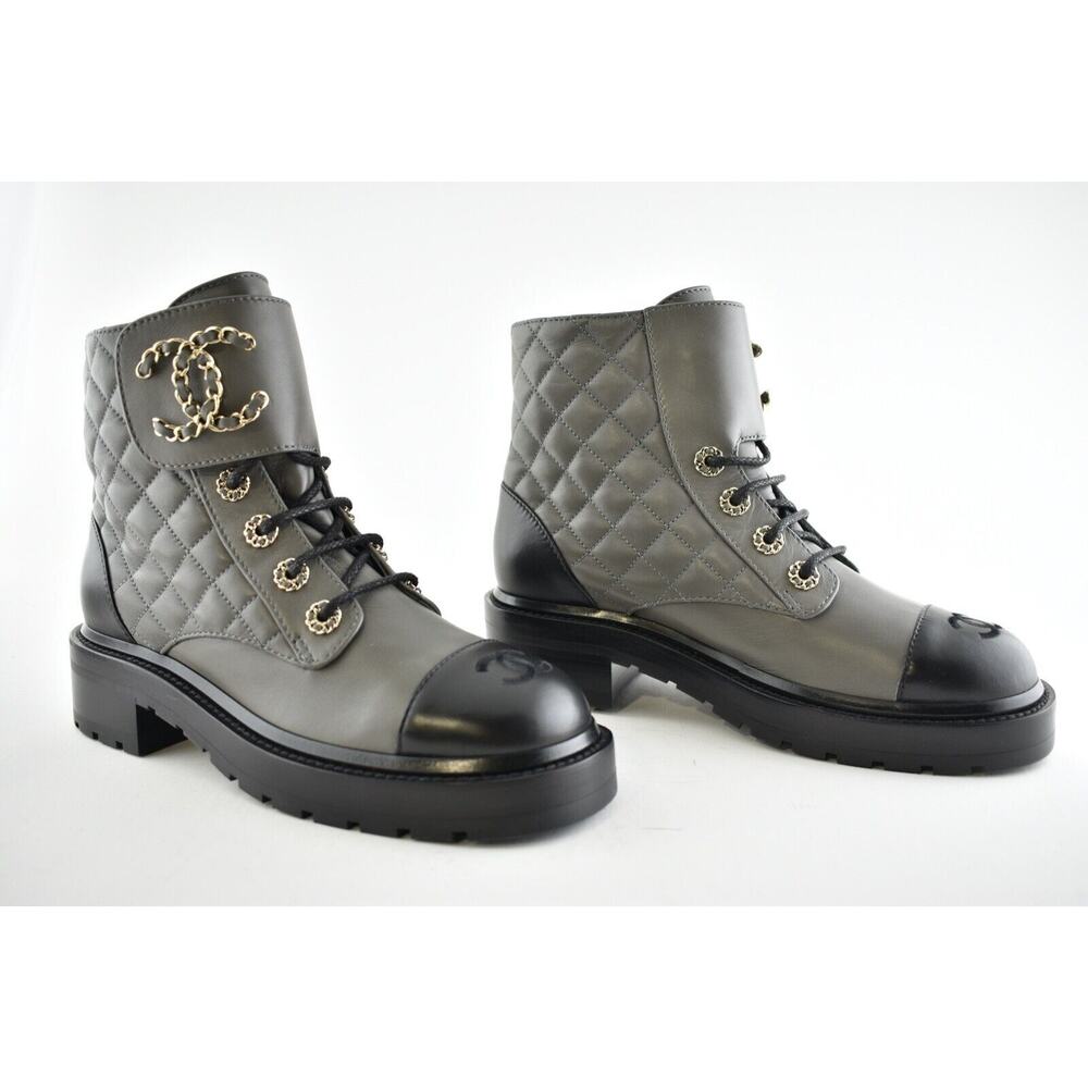 Chanel 21A Grey Black Quilted CC Chain Combat Lace Up Tie Ankle Short Boots 37 - Picture 4 of 11